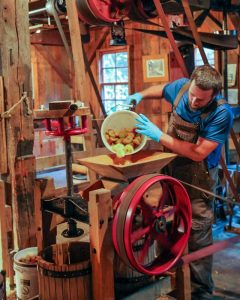 Picture of a man pouring apples out of a bucket into a cider press